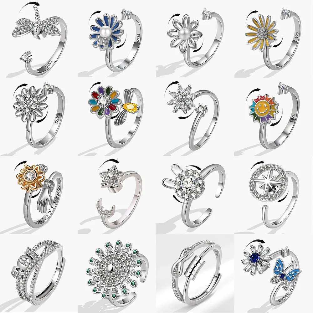 Fashion Butterfly Sunflower Rotating Anti Stress Rings For Women Crystal Anxiety Relief Spinning Ring Fidget Spinner Anillos