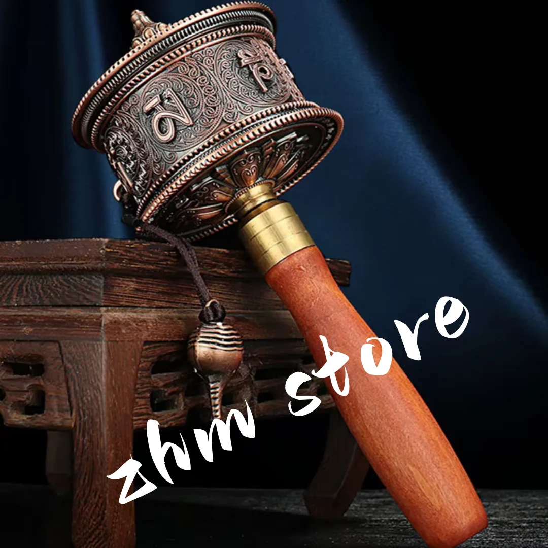 

21cm Red Copper Color Alloy Metal Decorate Carving Guanyin/Six Words Mantra/Scriptures Wooden Hand Cranking Prayer Wheel