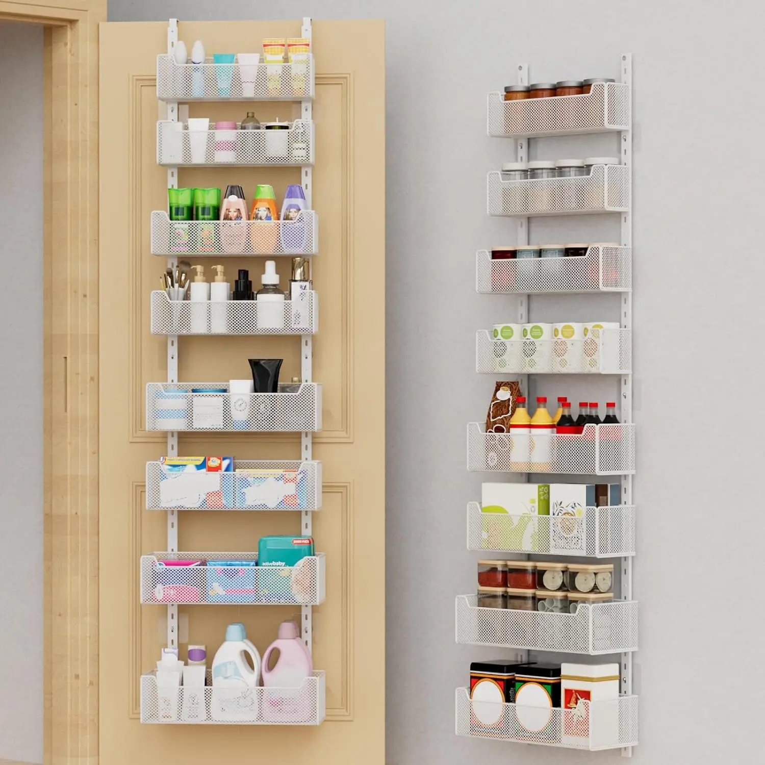 

8-уровневый регулируемый металлический органайзер для дверей с корзинами для хранения в спальне, шкафу, ванной, кладовой, на кухне, белый