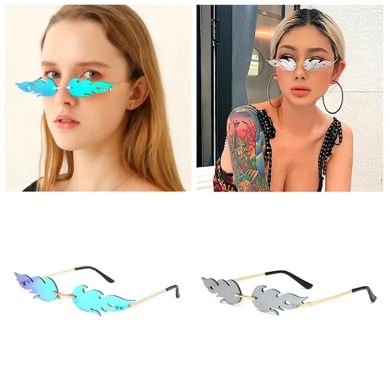 Luxury Fashion Fire Flame Sunglasses Rimless Women Metal Shades Vintage Mirror Eyewear UV400