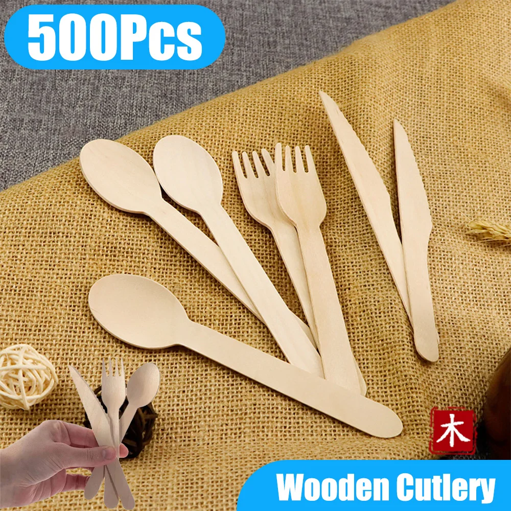 Disposable Wooden Spoon Fork Knife Cutlery Set Rustic Wedding Birthday Party Tableware Decoration Supplies Dessert Cake Scoop