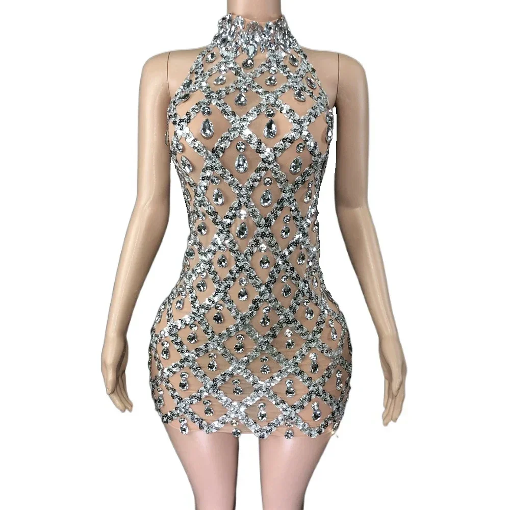 Sparkly Silver Sequins Crystals Short Summer Dress Sexy Sleeveless Transparent Women Evening Birthday Dress Singer Show Wear