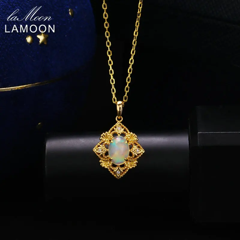 LAMOON Vintage Natural Opal Necklace For Women Gemstone Pendant Oct Birthstone 925 Sterling Silver Chain Gold Plated Gift NI165