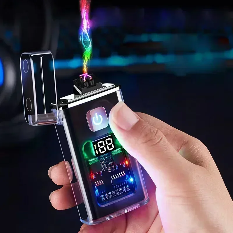 USB Rechargeable Electric Fingerprint Touch Lighter Cool Windproof Double Arc Plasma Pulse Lighter Men\'s Outdoor Camping Gadget