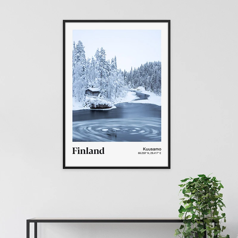 Iceland  Finland travel poster Wooden hut Forest Basalt rock cave Nordic nature photo Canvas printing Wall decoration paintings