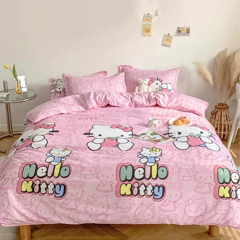 

Sanrio Hello Kitty Cotton Bedding Set Cute Double Flat Sheet Duvet Cover Pillowcase Bed Linens Girl Dorm Bedclothes Home Textile