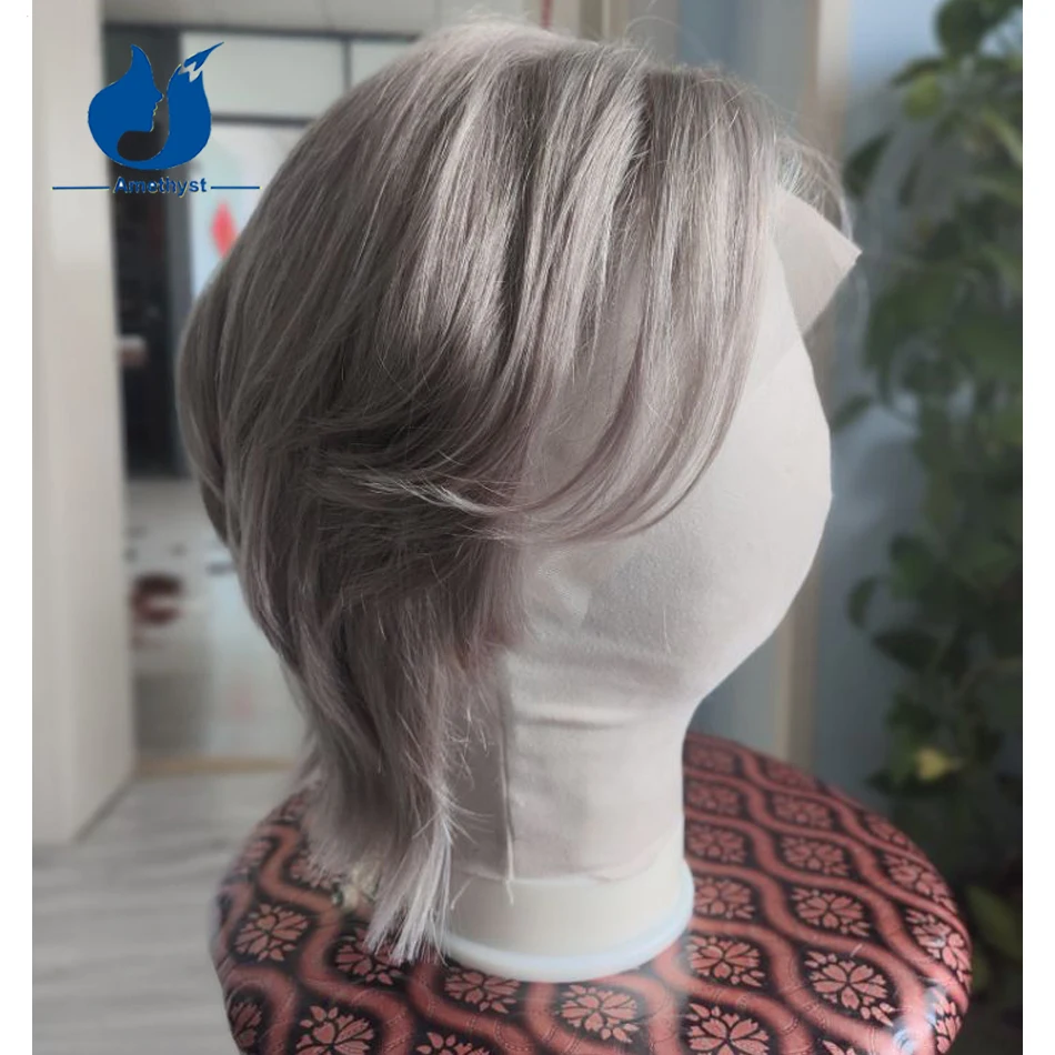 

Amethyst Wolf Cut Grey Color Brazilian Remy Men's Hair Wig Short Mullet Boy Cut Human Hair Wig 13x4 Lace Front Cap Prestyled