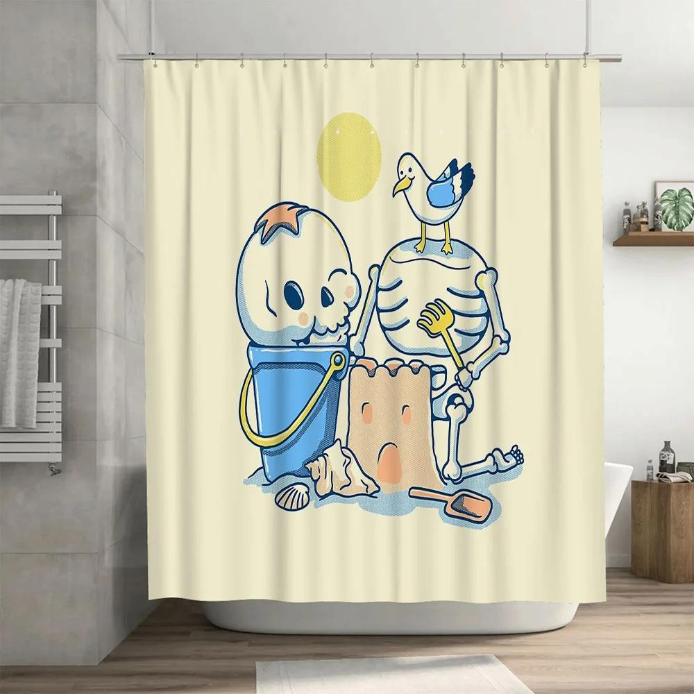 ستارة حمام على شكل رسوم كرتونية لطيفة غير مؤطرة مع ستارة حمام على الشاطئ الرملي ديكور الحمام قماش مقاوم للماء على شاطئ البحر والمحيط كي