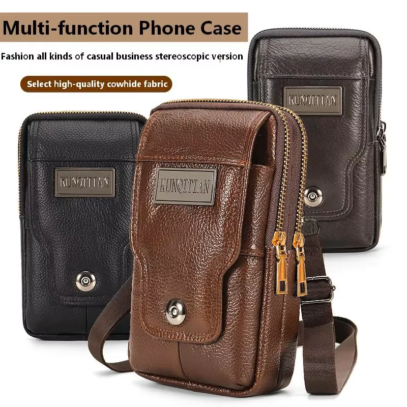 Herren-Umhängetasche aus echtem Leder, große Kapazität, Gürteltasche, Outdoor-Arbeits- und Reisetasche, Handyhalter, Schultergurt – Detail 1