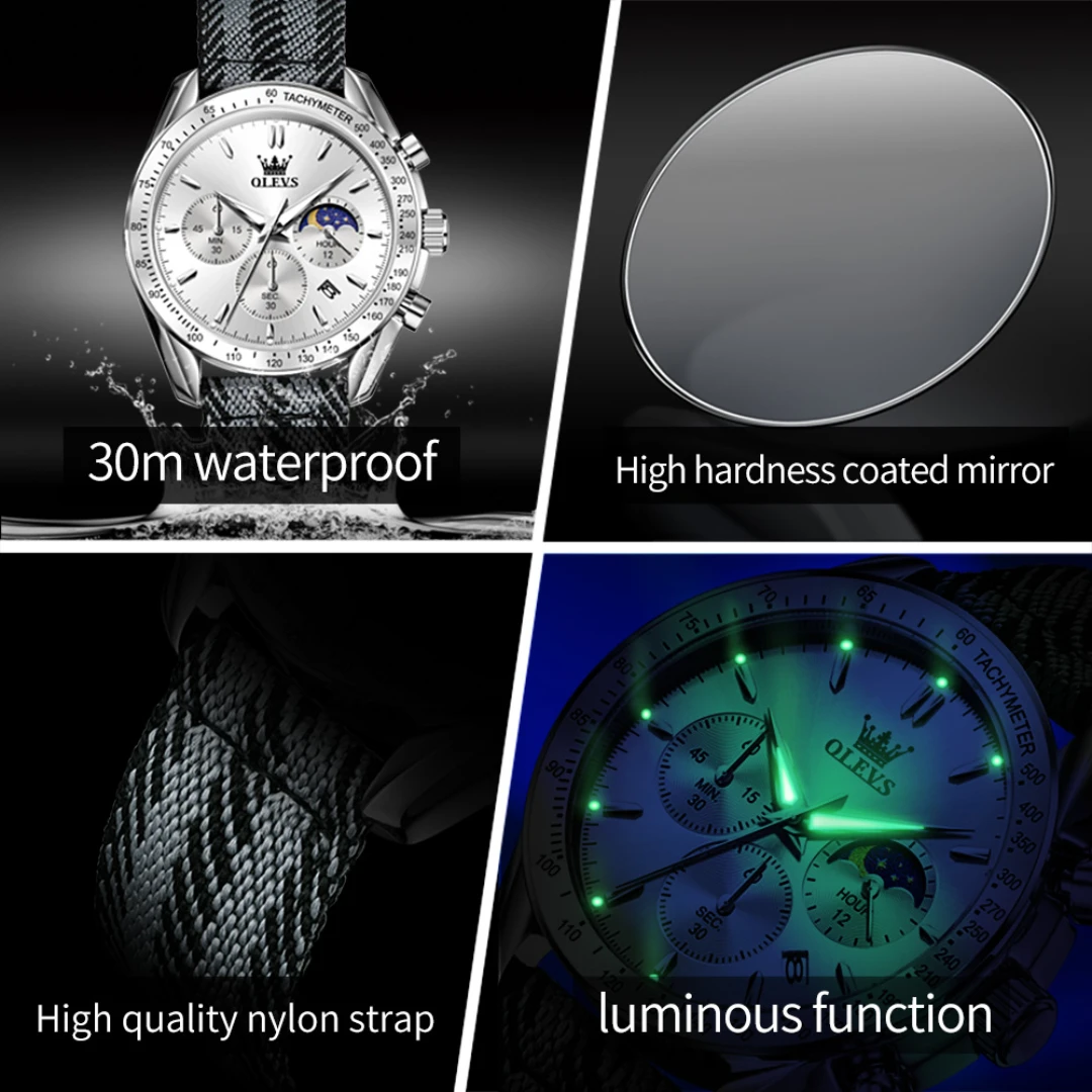 OLEVS 3630 Sport Quartz Watch Gift Round-dial Nylon Watchband Wristwatch Moon Phase Calendar Luminous