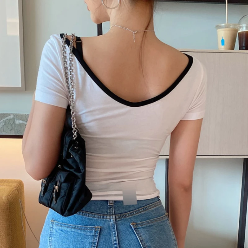 Korean Slim Fit Short Sleeve V-Neck T-Shirt Women's Sexy Versatile Color Blocking Tees 2026 Summer Backless Crop Top