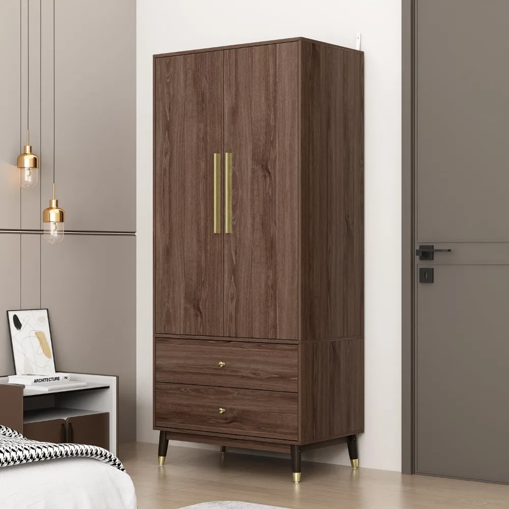 

Wardrobe Armoire with 2 Doors, 2 Drawers, Hanging Rod & 2 Compartments, Wooden Closet Storage Cabinet with Gold Handles for Bed