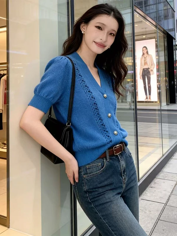 

Klein Blue Hollow V-neck Short Sleeve Knitted Open Cardigan Women's plus Size Summer Unique Beautiful Elegant High-end Top