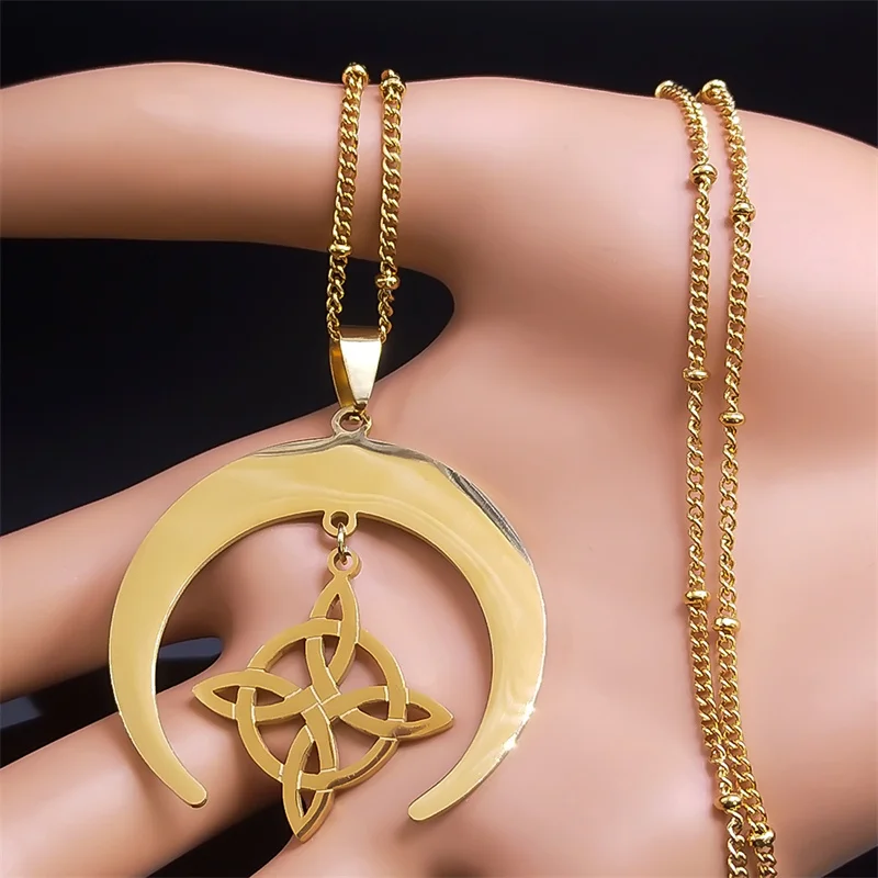 Hexenknoten-Halskette, Wicca-Halbmond, Keltischer Knoten, Edelstahl-Amulett-Halskette für Damen und Herren, Schmuck – Detail 5