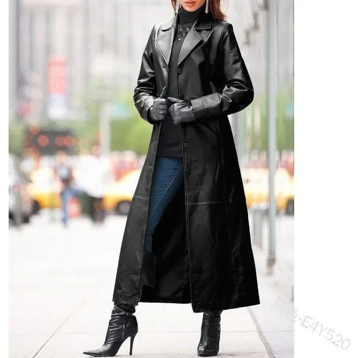 Ladies Brown PU Leather Button Up Jacket Ladies Long Coat Slim Fit Thin Large Size Windbreaker Vintage Red Motorcycle Overcoat