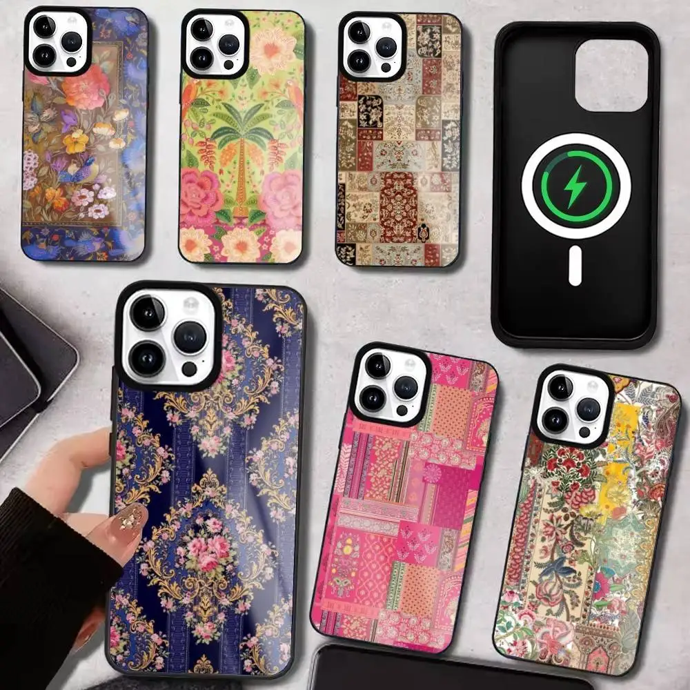 

Persian Pattern Flowers Artwork Phone Case For iPhone17,16,15,14,13,12,11 Plus,Pro Max Magnetic For Magsafe Wireless Charging