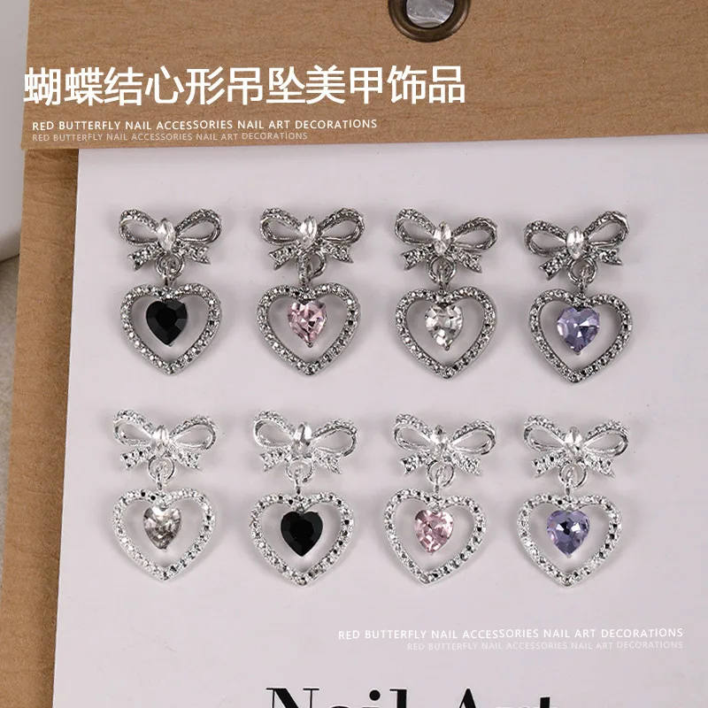 10 SZTUK Luksusowych Zawieszek do Paznokci z Kokardką ze Stopu, Ozdobne Serduszka z Cyrkoniami, Akcesoria do Dekoracji Paznokci, Narzędzia do Manicure