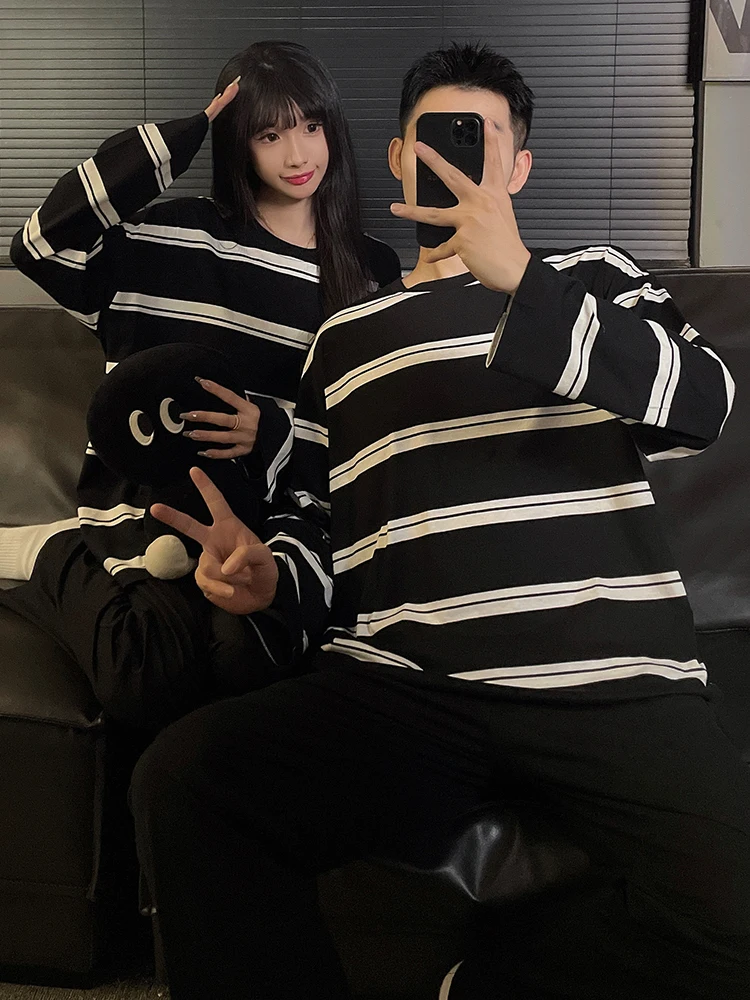 DAIMELU spring sleepwear set autumn couple pajamas women's pure cotton long-sleeved trousers simple casual striped men's lounge