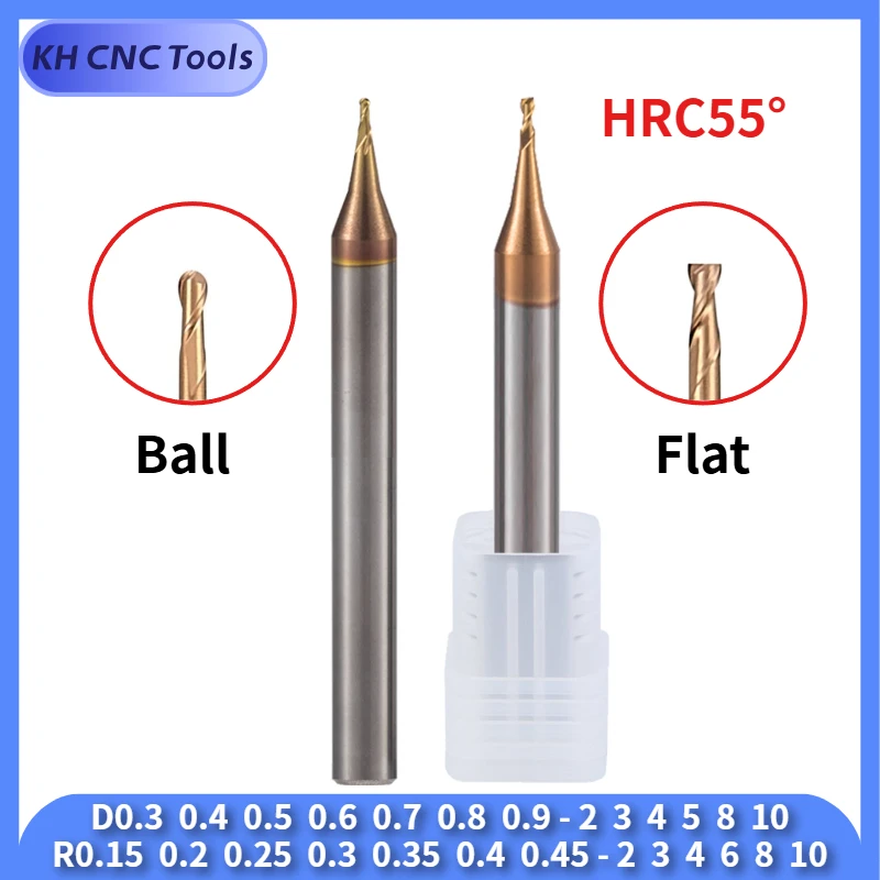 

HRC55 Micro Hard Alloy End Milling Cutter with 2 Flutes, CNC Deep Long Neck Steel, Long Neck Ball Nose D0.3-0.9 R0.15-0.45 Mini