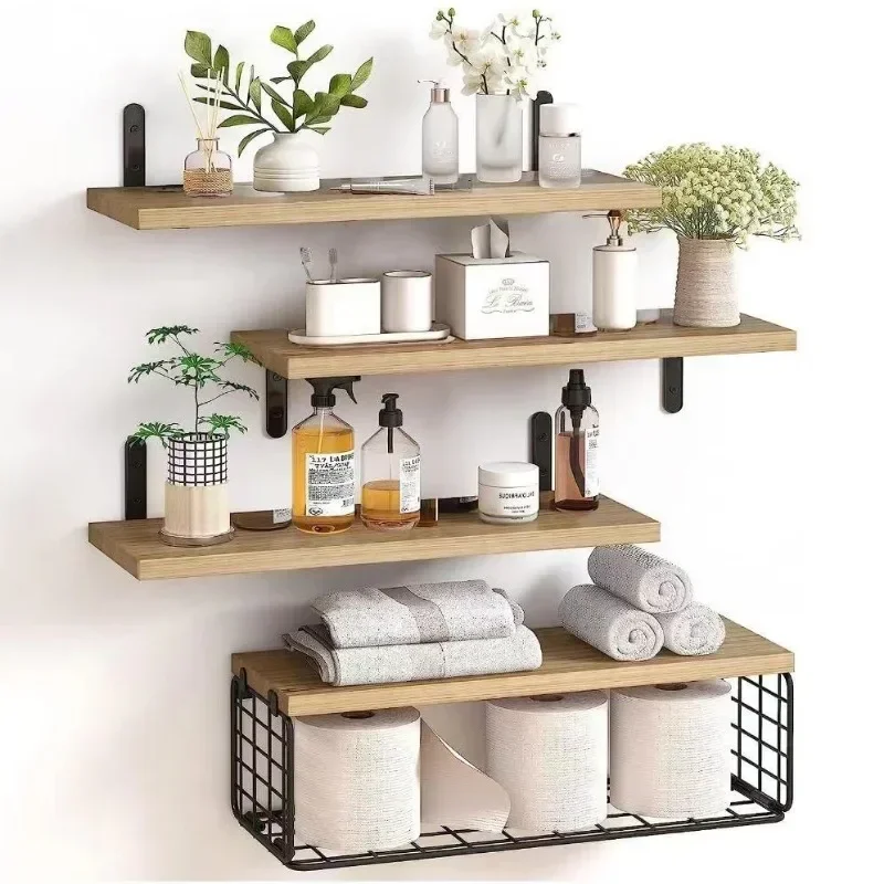 Wall Shelves Floating Mounted Wooden  Rack Kitchen Bathroom Organizer  Decor Garden Bathroom Accessories 4 Piece Set Wall shelfs