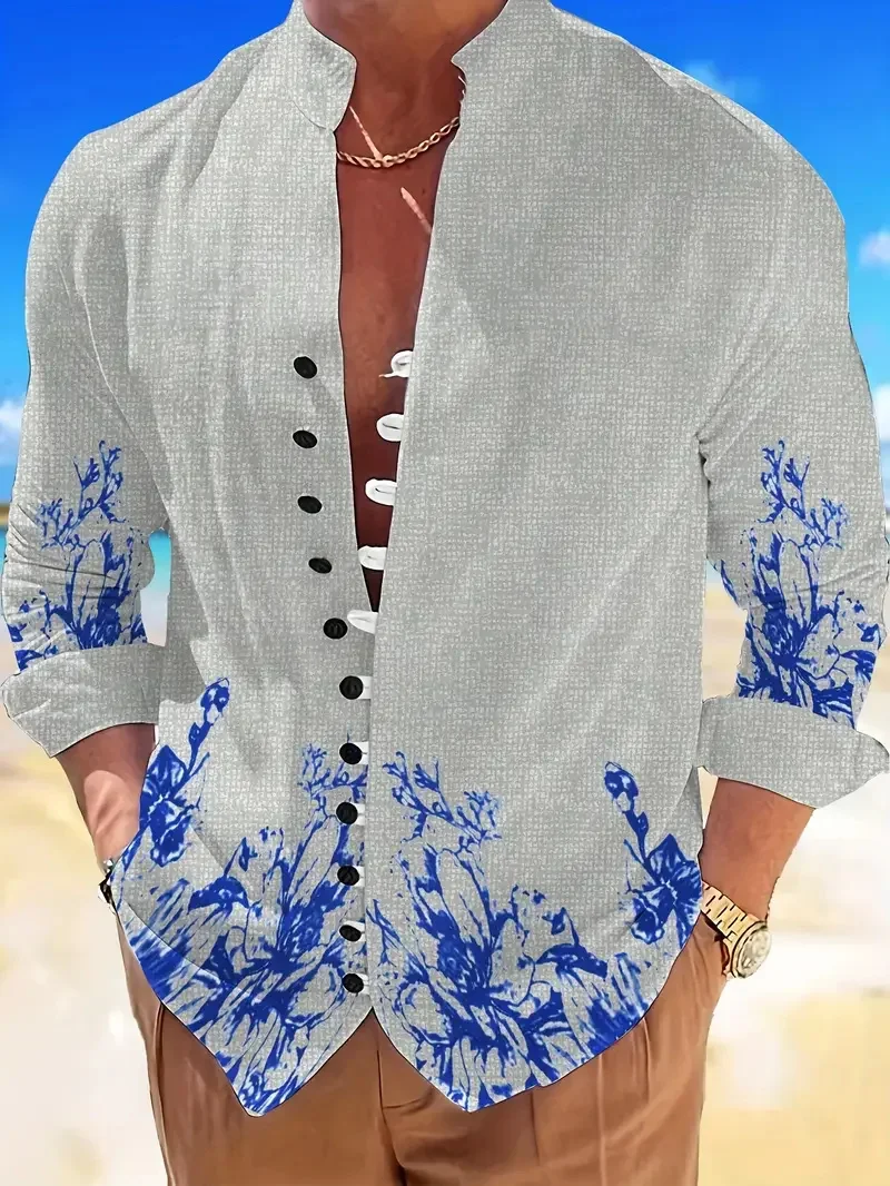 Men's Ethnic Drawstring Buckle Shirt Floral Pattern Plant Print Outdoor Street Print Clothing Fashion Designer Casual Comfort