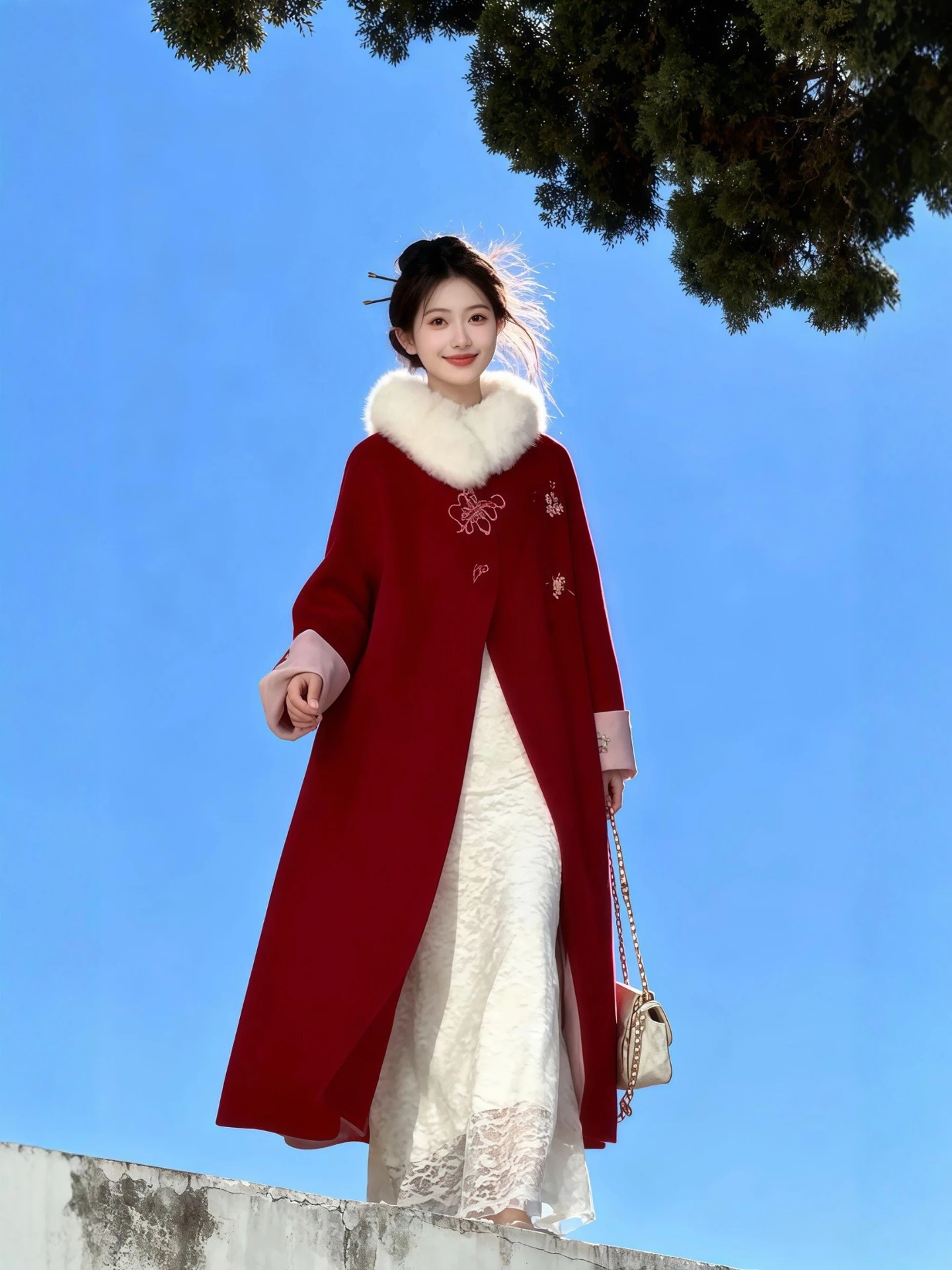 

Red Double-Sided Woolen Coat for Women Beautifully Embroidered Long Sle Perfect for New Year Winter Season plus Size Available