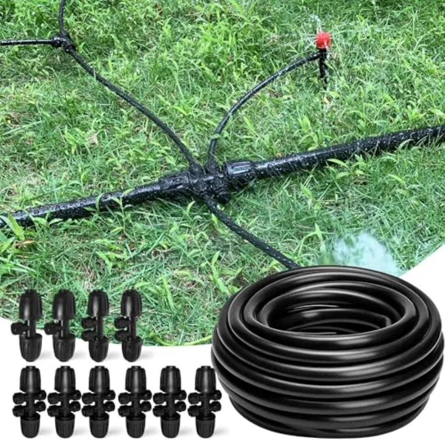 100FT 1/2 Inch Drip Irrigation Tubing with 10 Pack 1/2 to 1/4 Fittings Push-to-Fit 3-Way 4-Way 6-Way Splitter Connectors for Ga