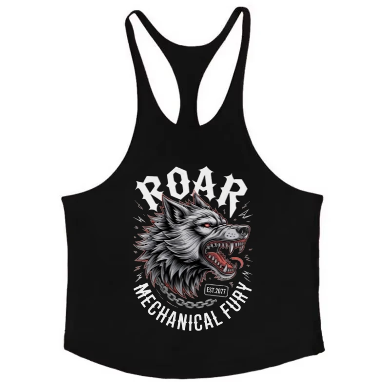 Wolf Graphic Stringer Vest - Men's Fitness Vest, Y-Tank Cotton Sleeveless, Workout Running Strength Training Comfort Top