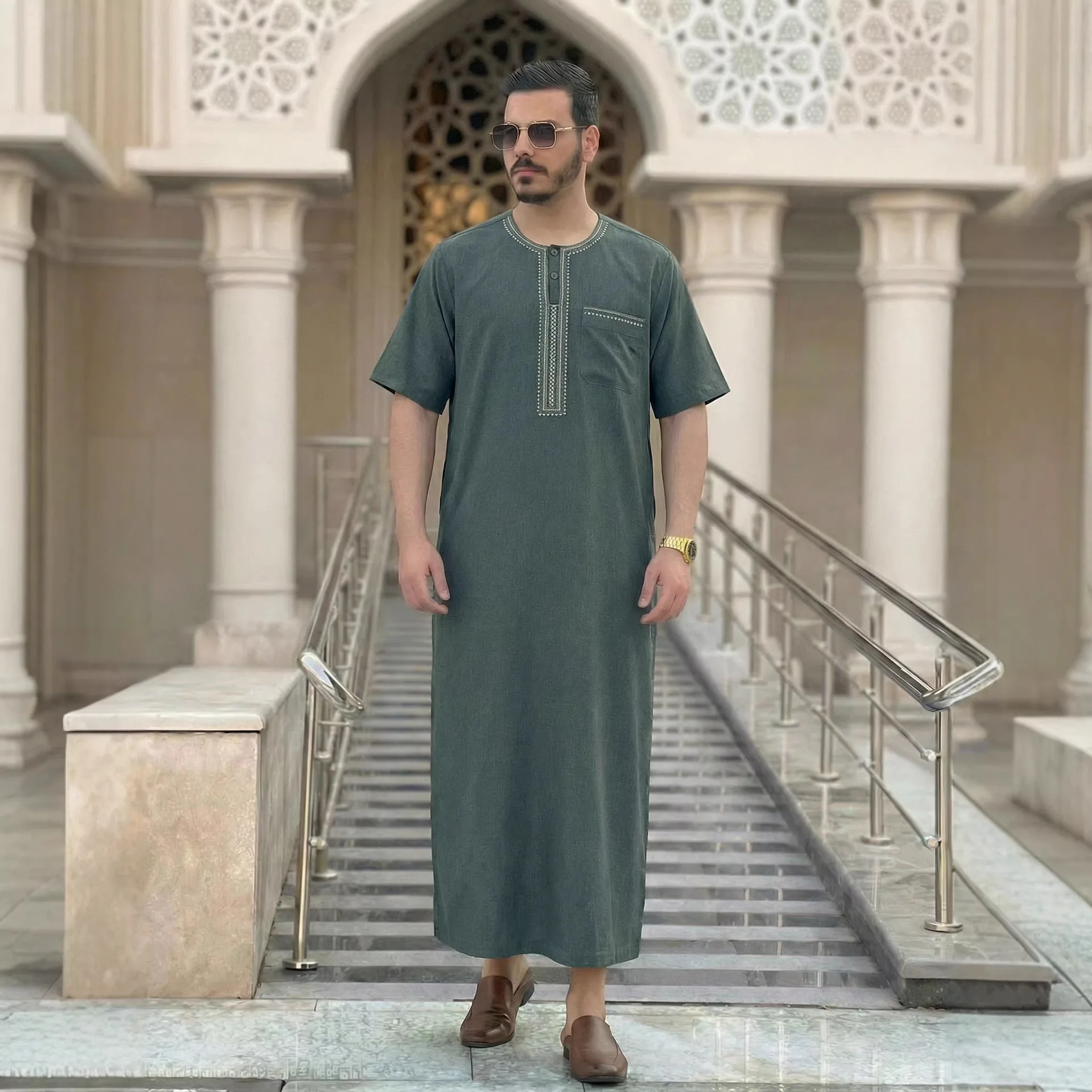Middle East Fashion Men Spliced Long Robe Jubba Thobe Long Sleeve Abayasn Pullover Tops Loose Fit Africa Casual Print Summer