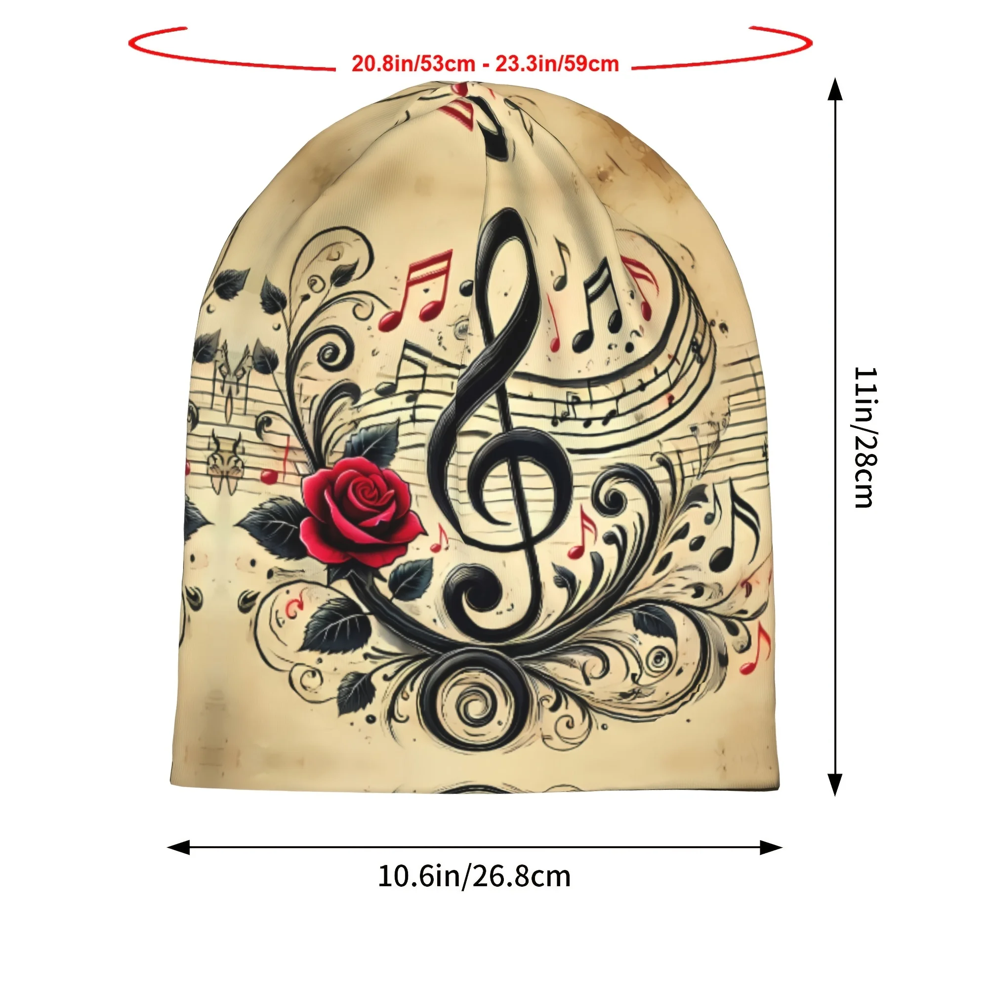 Customization Rose Note Beanie Hat - Elastic Stretch Fit Suitable For Valentine' Day Gift, Rose & Music Note Print, For Storage,