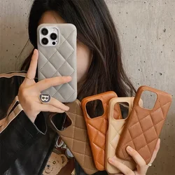 For iPhone 16 15 14 13 Pro Max Luxury Geometric Lattice Pattern Faux Leather Cover Shockproof Bumper Protective Phone Case