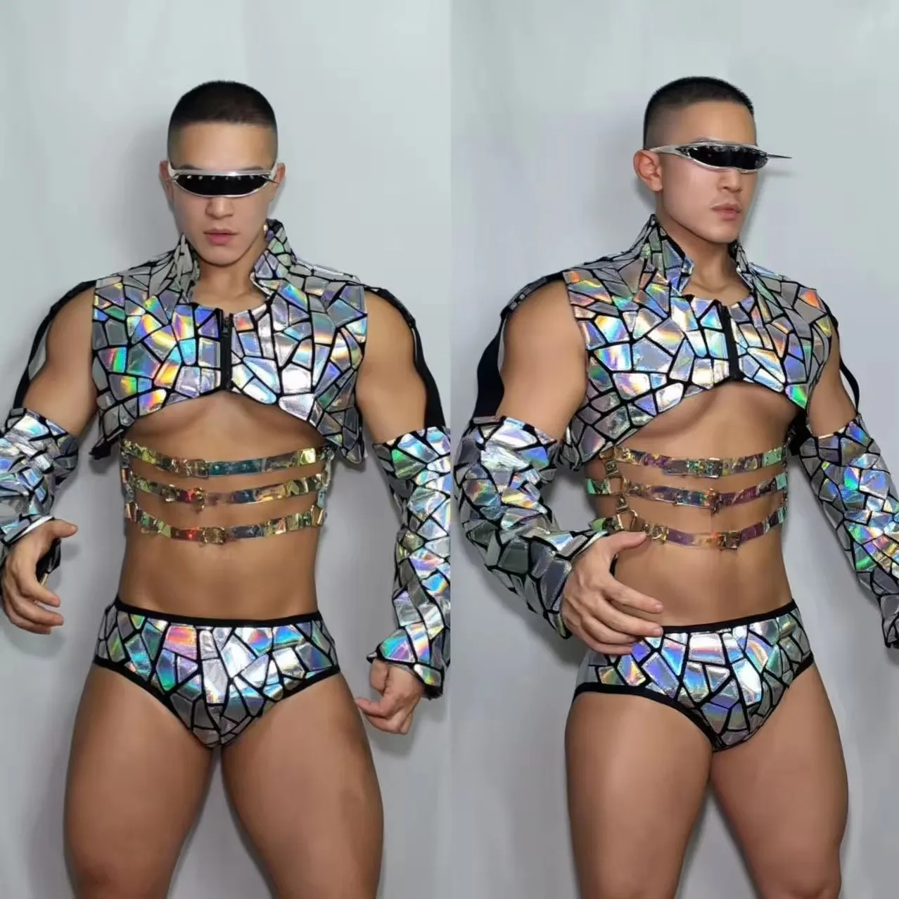 Conjunto de Disfraz de Bailarín Gogo con Lentejuelas Plateadas para Hombre, Top Corto, Chaleco, Calzoncillos, para Bar, Discoteca, Actuación en Escenario, Festival