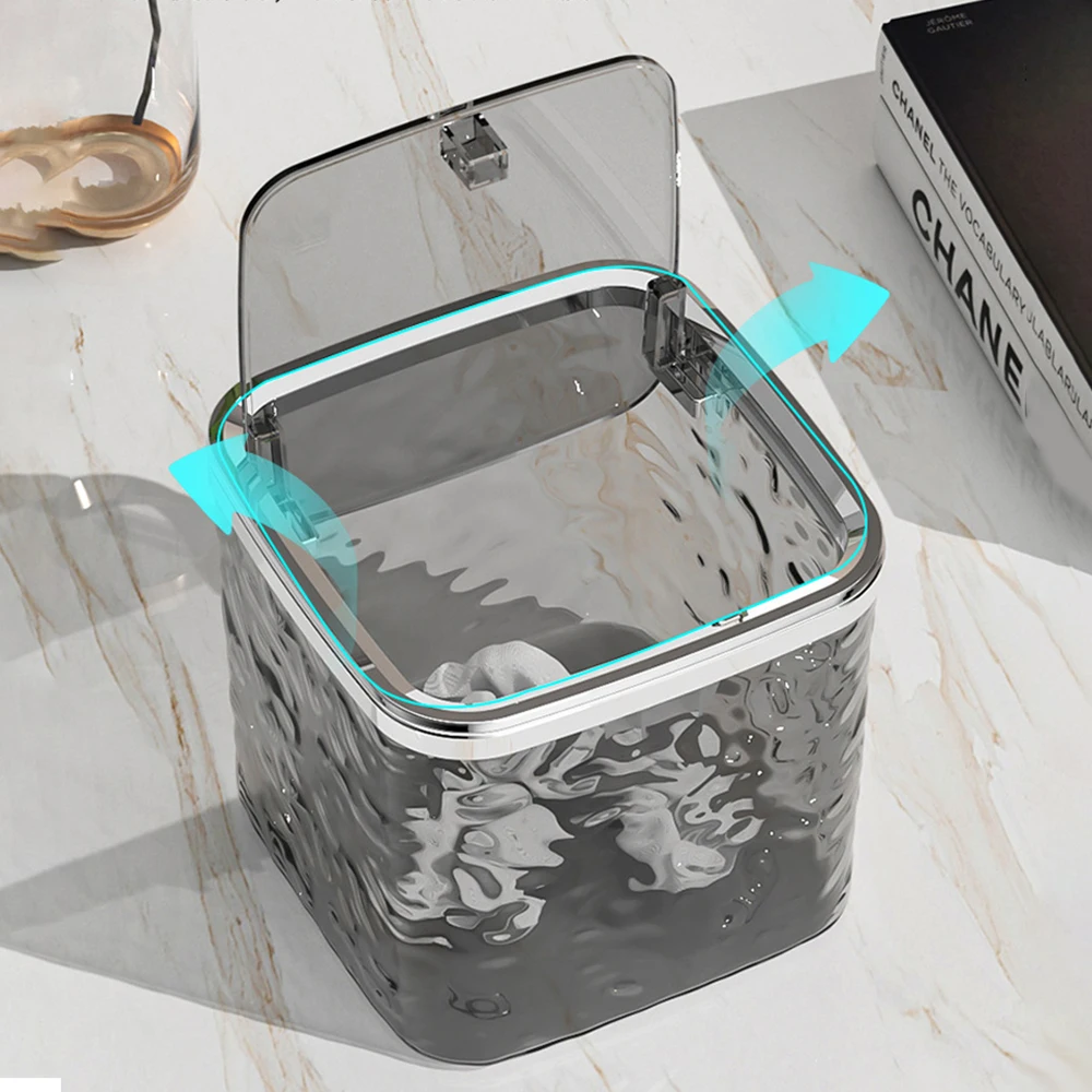 Transparent Fashion Mini Small Wastebasket Desktop Press Trash Can with Lid Mini Garbage Can Table Rubbish Basket Office Dustbin