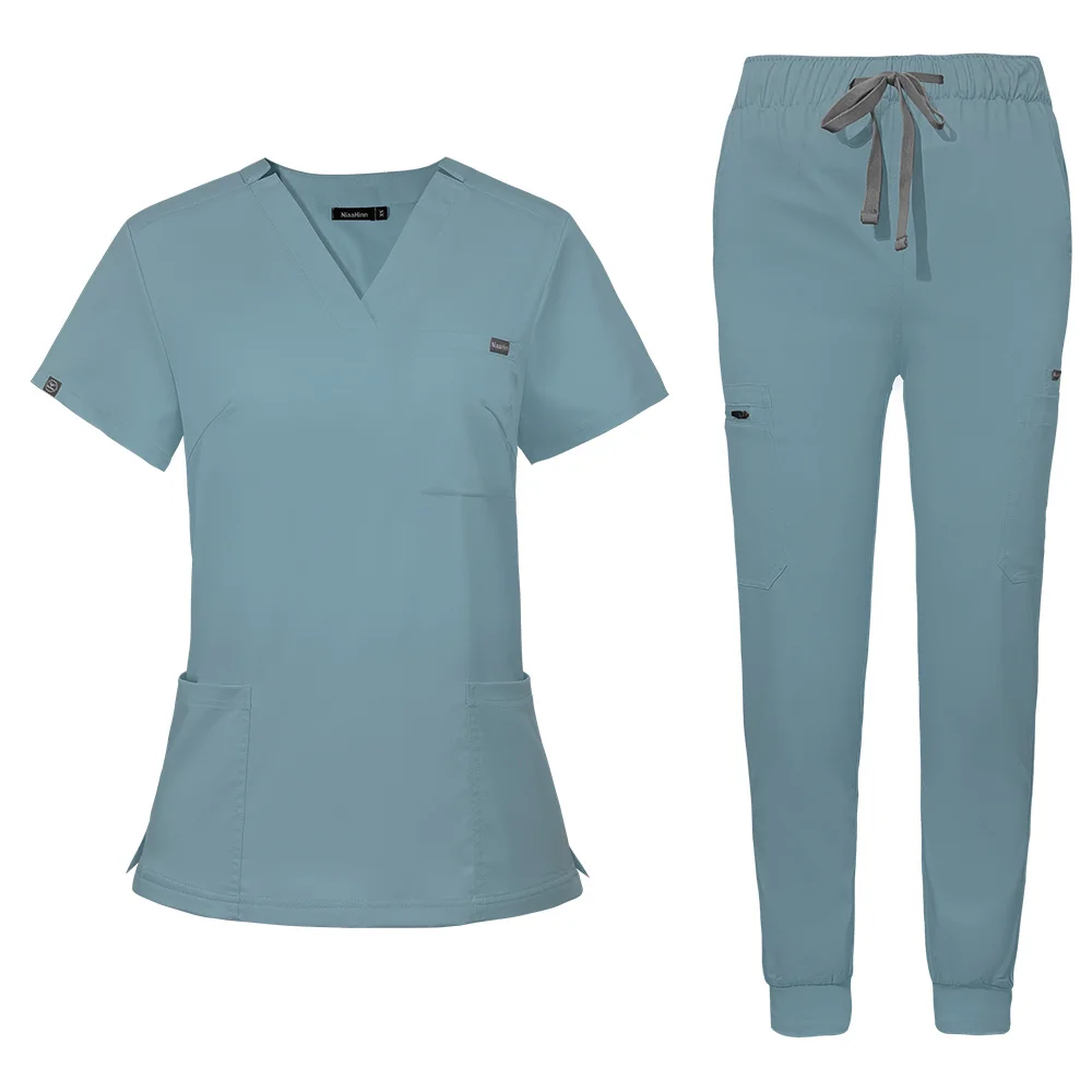 Verão cor sólida clínica elasticidade enfermeira uniforme feminino curto mangas compridas com decote em v saúde trabalhador camiseta terno workwear médico