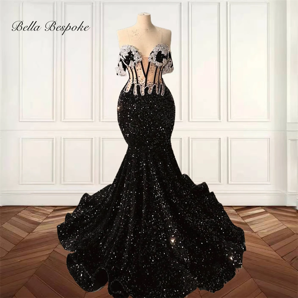 

Black Sweetheart Sequin Long Prom Dresses Black Girl Bead Crystal Applique 2025 Birthday Luxury Dress Evening Dresses Customized