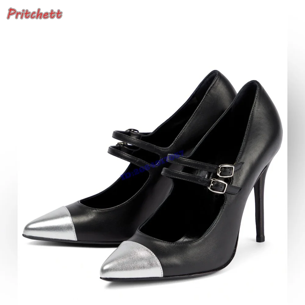 Leder dünne High Heels spitzen Zehen Pumps Knöchel riemen Schnalle Frauen Stilettos Kleid Party Neuankömmlinge Party schwarz Silber