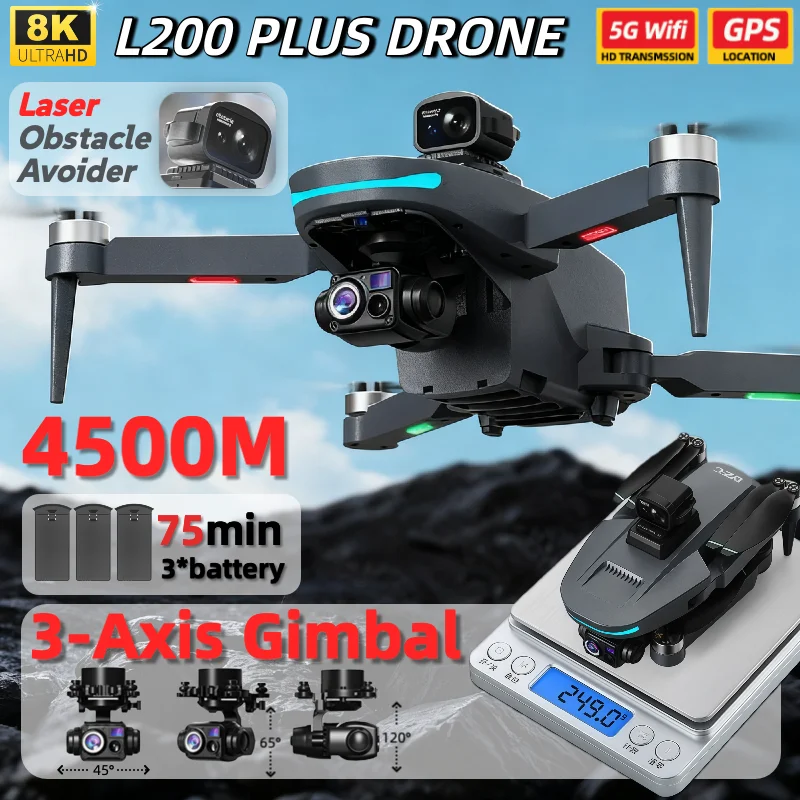 L200 PLUS GPS Drone with 8k Professional 3-Axis Gimbal Camera Laser Obstacle Avoidance for Safe Flight Smooth Aerial Shots dron