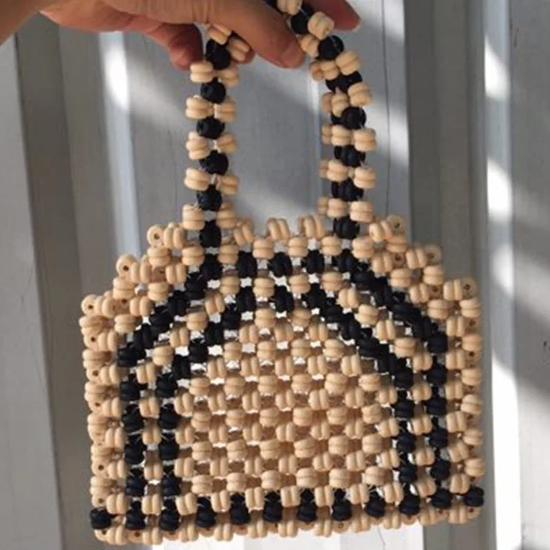 

Vintage Wooden Bead Knitted Mobile Phone Handbag New Fashion Black Beige Splice Design Women's Bags Summer Vacation Beach Bag