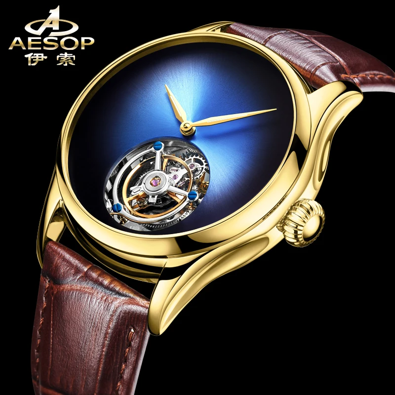 Aesop Tourbillon นาฬิกาผู้ชายจริง Flying Tourbillon Simple Dial Sapphire Manual Mechanical นาฬิกาหนังผู้ชายธุรกิจ Luxury7009