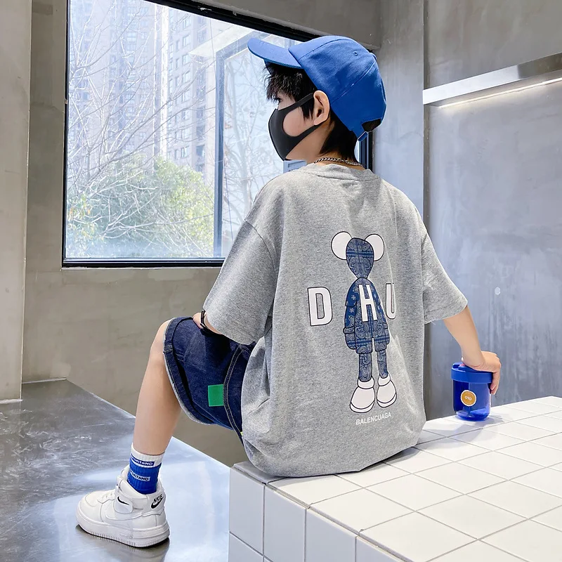 

Boys Fashion Sets Child Clothes Cartoon Portrait Print T-shirt Top and Denim Shorts 2pc Kids Outfit for Teens Dance Party Suits