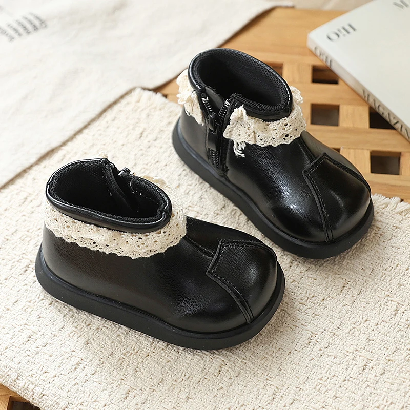 Toddler Girls Lace Trim Ankle Boots, Cute Split Toe Design, Side Zipper, Non Slip Flat Sole, Sweet Boots for Daily Outfits