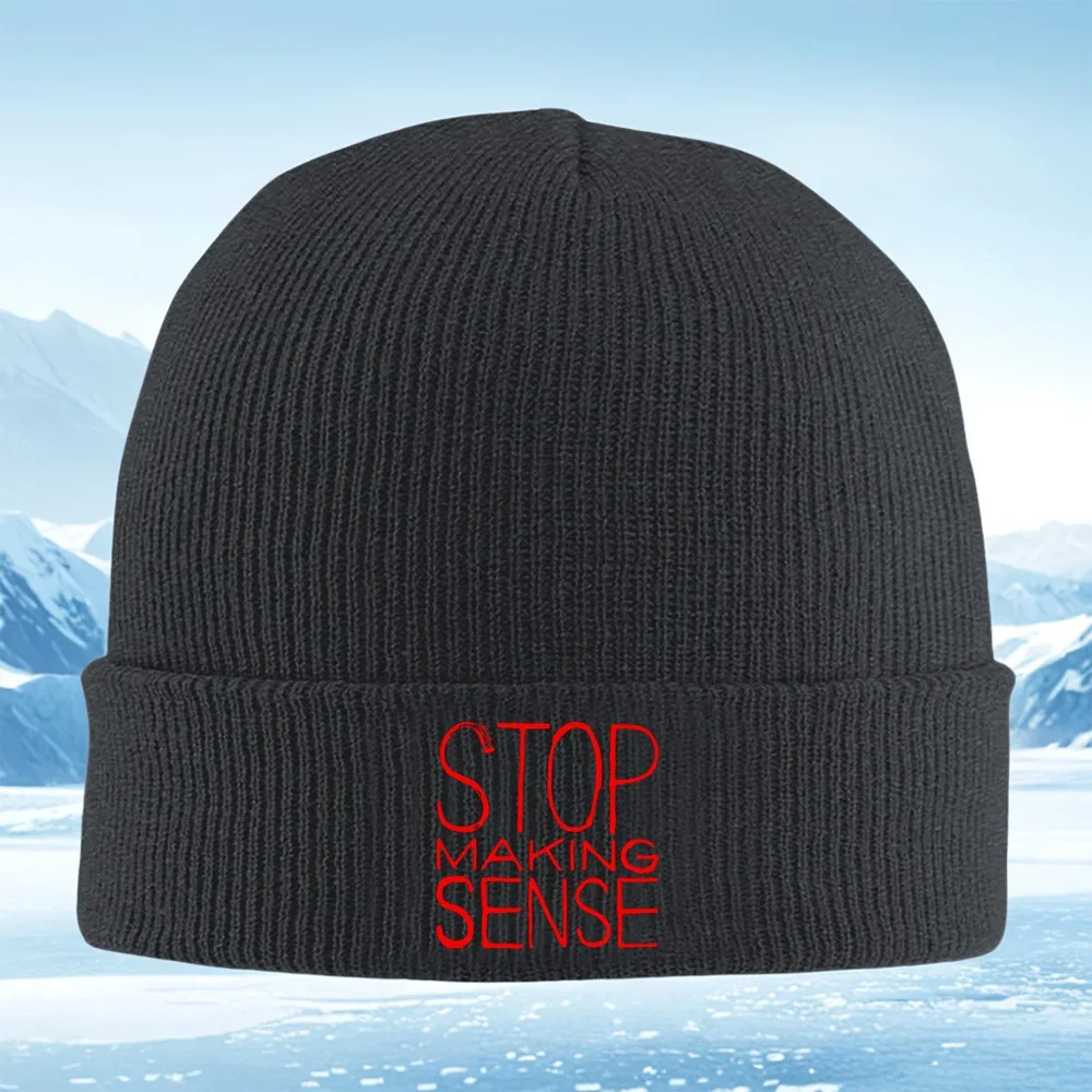 2026 Red text on black background STOP MAKING SENSE Men Women Unisex Knitted Hat Beanie Pullover Cap Winter Thermal Warm Christm