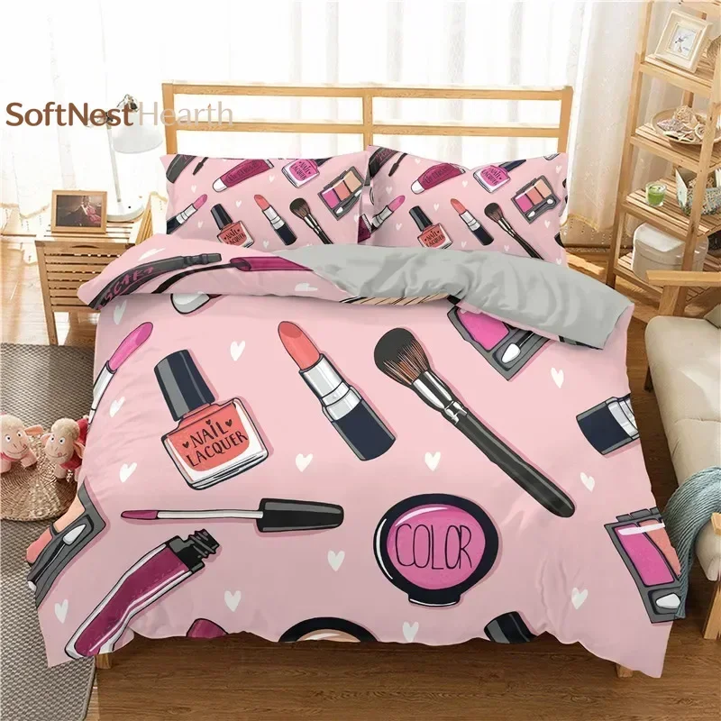 2026 Fashion Bedding Set Makeup Cosmetic Theme Duvet Cover Polyester Perfume Lipstick Nail Polish Brush Print Quilt Cover King S