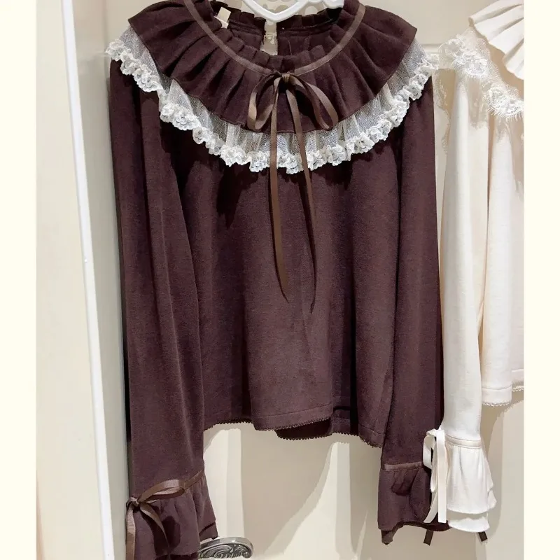

2025 New Autumn Style Doll Collar Long-sleeved Versatile Pullover Casual Cute Printed Bow Stitching Top