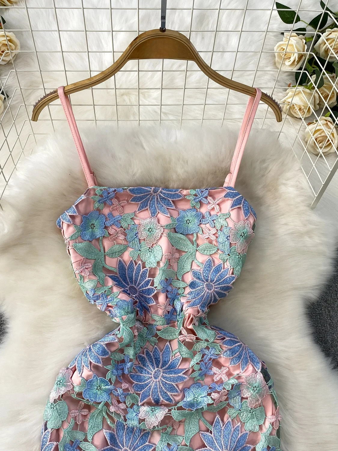 Ele Hollow out Soluble Lace Strap Dr Women's Summer Vaion High Waist Slimming Morning Robe Gown Long Dr