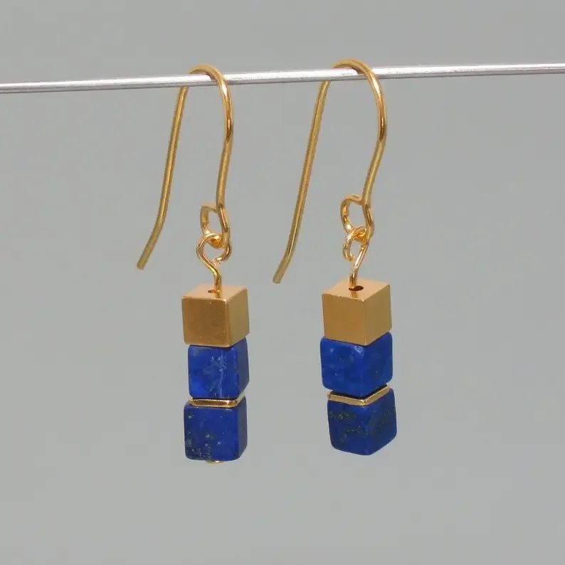 Cube earrings Lapis Lazuli, gilded