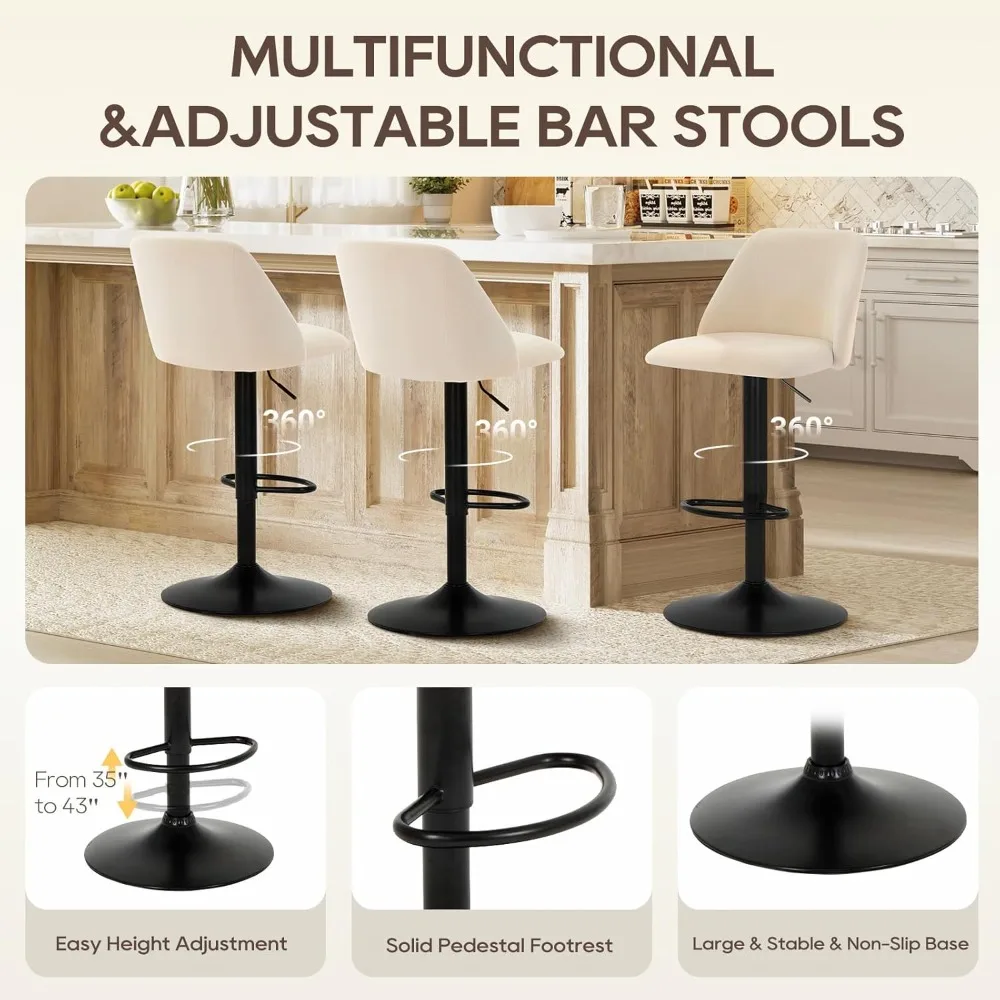 Ensemble de 3 tabourets de bar, chaises de bar pivotantes modernes, tabourets de bar rembourrés réglables, hauteur de comptoir avec dossier complet, tabourets de bar