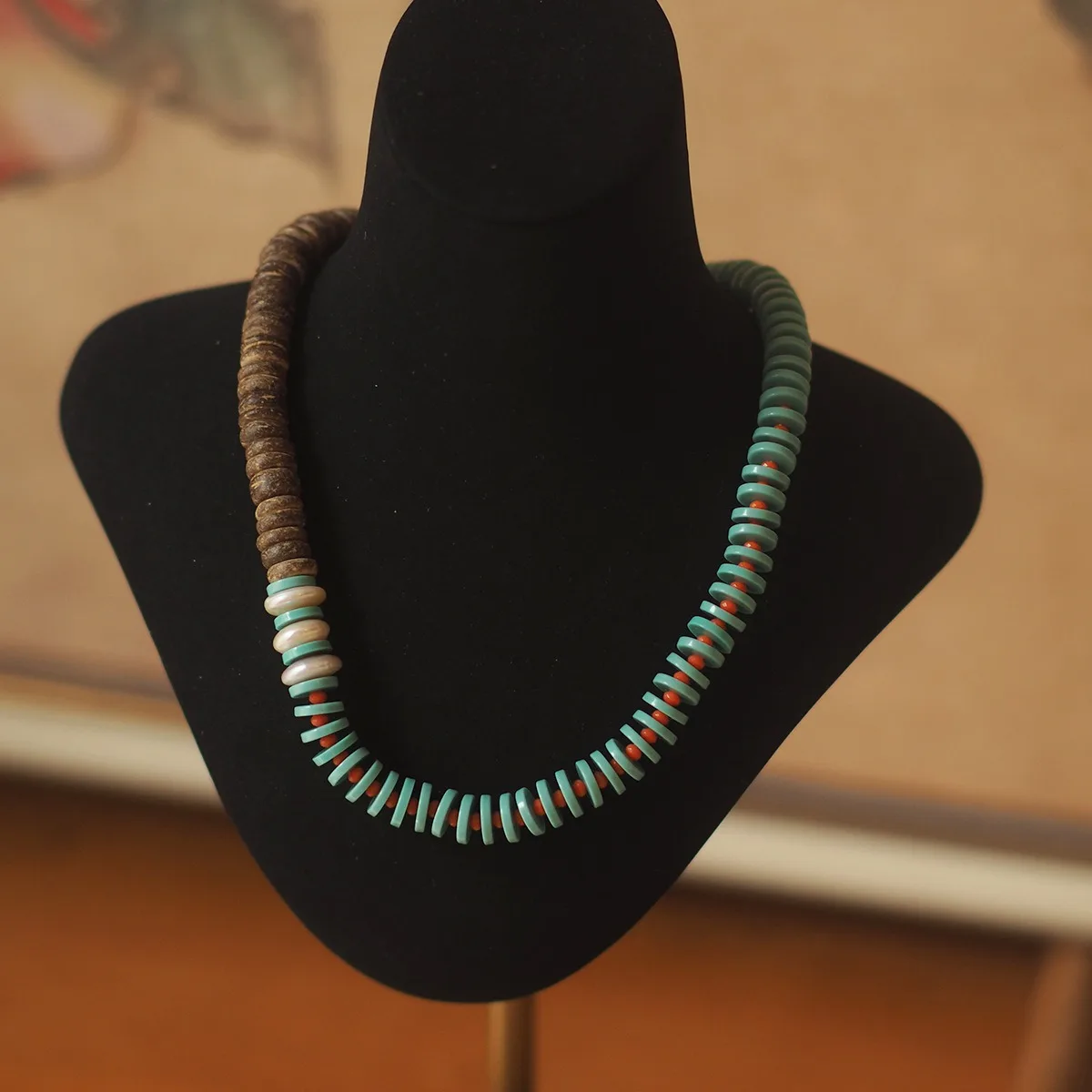 Unique Vintage French - inspired European - American Style Necklace - Natural Baroque Pearls, Real Coconut Wood & Colorful Beads
