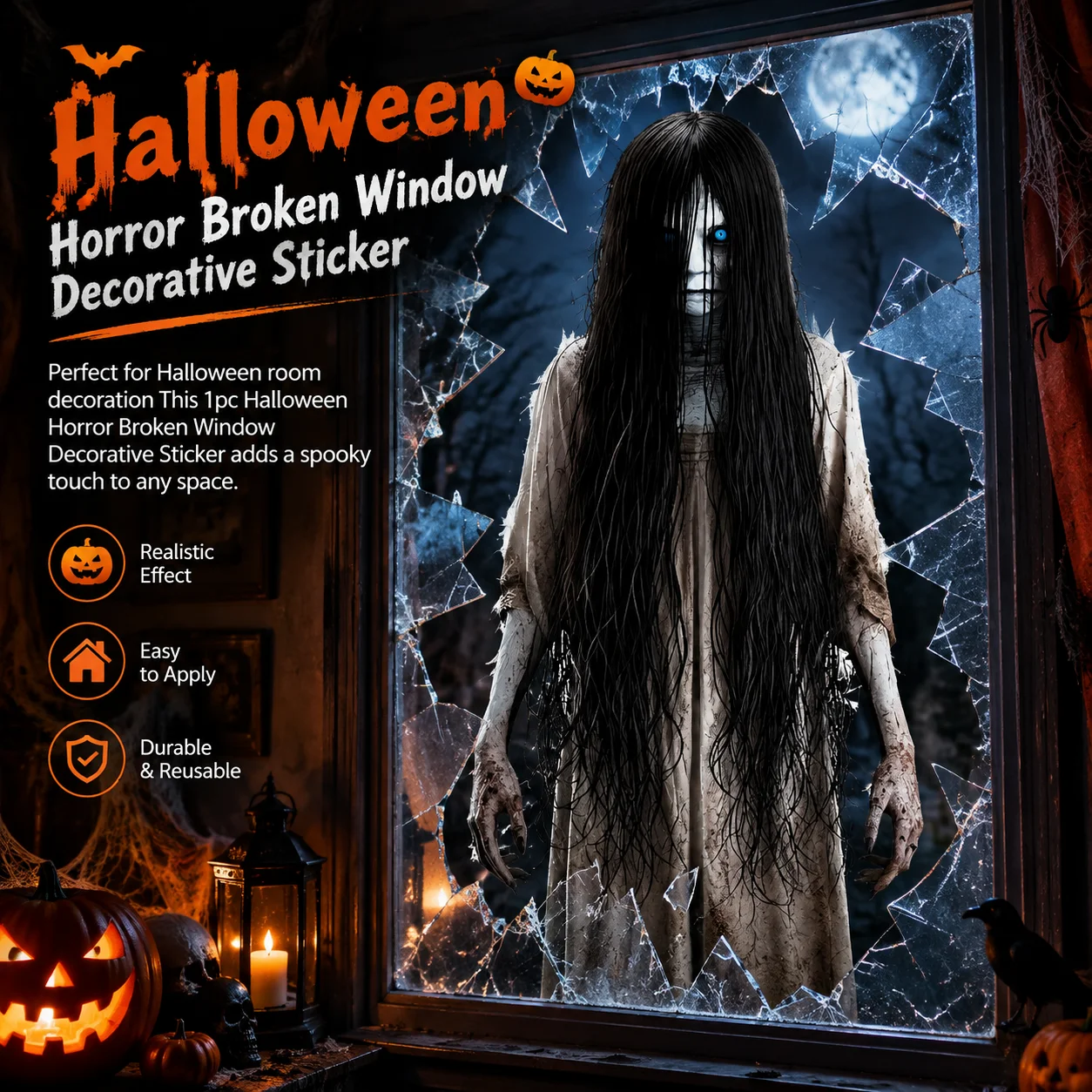 3D Halloween Broken Window Stickers Waterproof Wall Decals for Home Bedroom Living Room Door Haunted House Halloween Party Decor