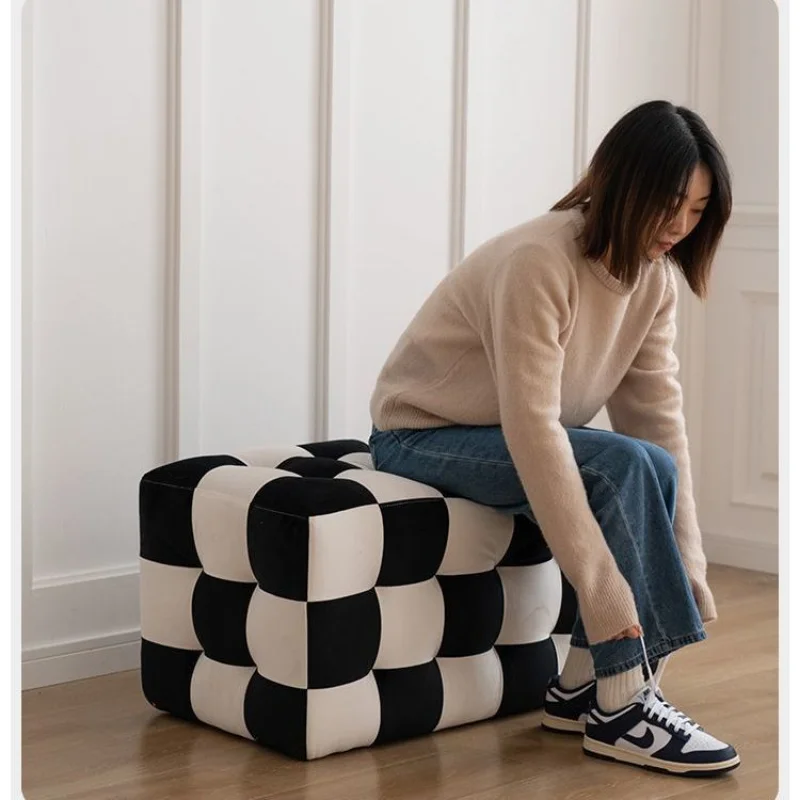 

Makeup Stool Nordic Living Room Black and White Checkerboard Sofa Pouf Simple Home Shoe Changing Stool Stools Chair Ottoman Ins